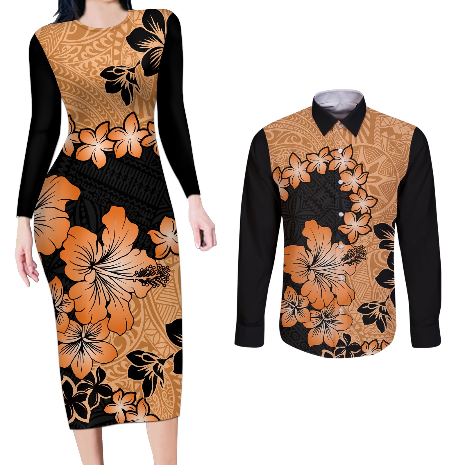 Orange Hawaii Couples Matching Long Sleeve Bodycon Dress and Long Sleeve Button Shirt Tapa Cloth Mix Tropical Flowers Pastel Vibes LT14 Orange - Polynesian Pride