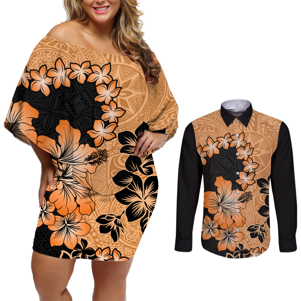 Orange Hawaii Couples Matching Off Shoulder Short Dress and Long Sleeve Button Shirt Tapa Cloth Mix Tropical Flowers Pastel Vibes LT14 Orange - Polynesian Pride