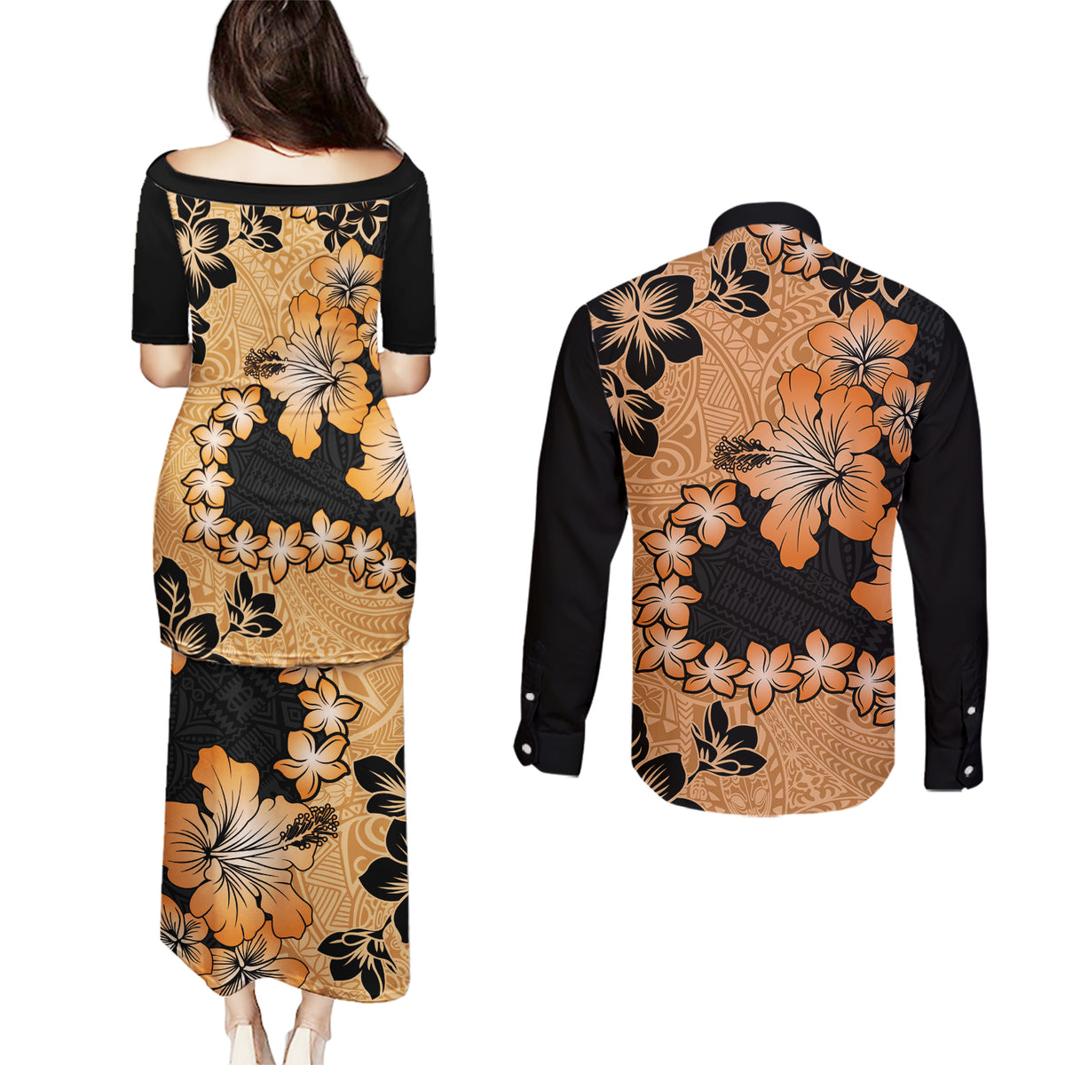 Orange Hawaii Couples Matching Puletasi Dress and Long Sleeve Button Shirt Tapa Cloth Mix Tropical Flowers Pastel Vibes LT14 - Polynesian Pride