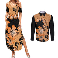 Orange Hawaii Couples Matching Summer Maxi Dress and Long Sleeve Button Shirt Tapa Cloth Mix Tropical Flowers Pastel Vibes LT14 Orange - Polynesian Pride