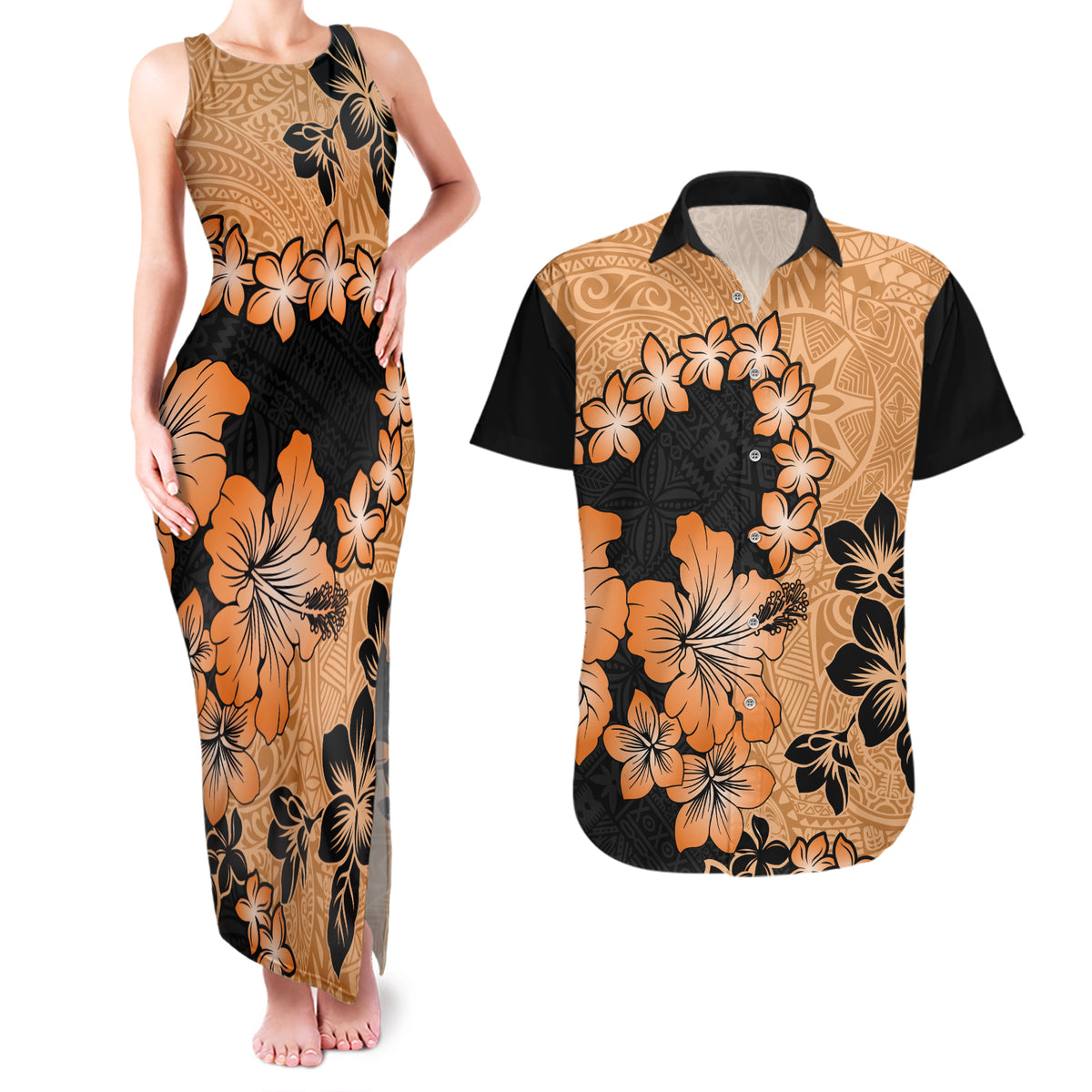 Orange Hawaii Couples Matching Tank Maxi Dress and Hawaiian Shirt Tapa Cloth Mix Tropical Flowers Pastel Vibes LT14 Orange - Polynesian Pride