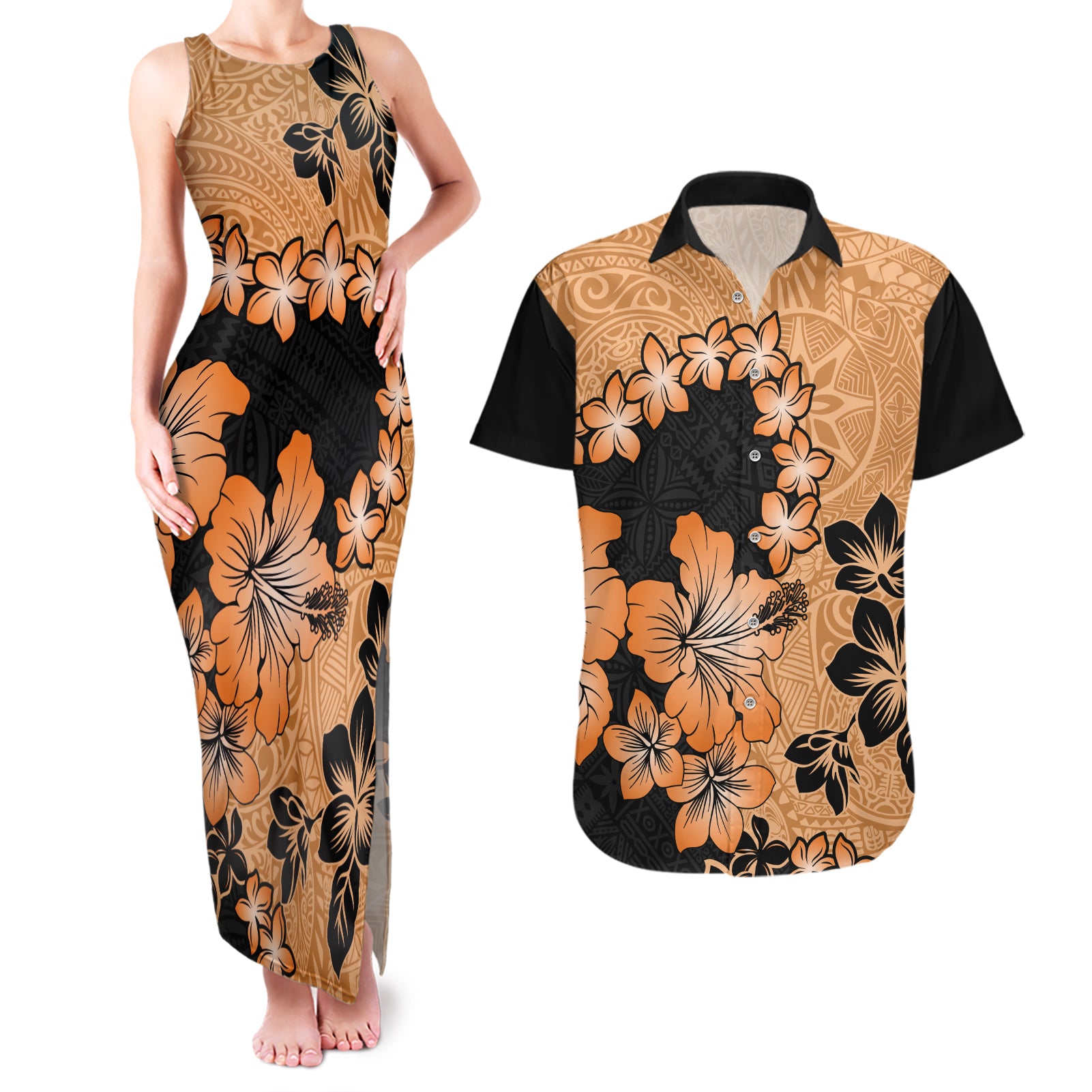 Orange Hawaii Couples Matching Tank Maxi Dress and Hawaiian Shirt Tapa Cloth Mix Tropical Flowers Pastel Vibes LT14 Orange - Polynesian Pride