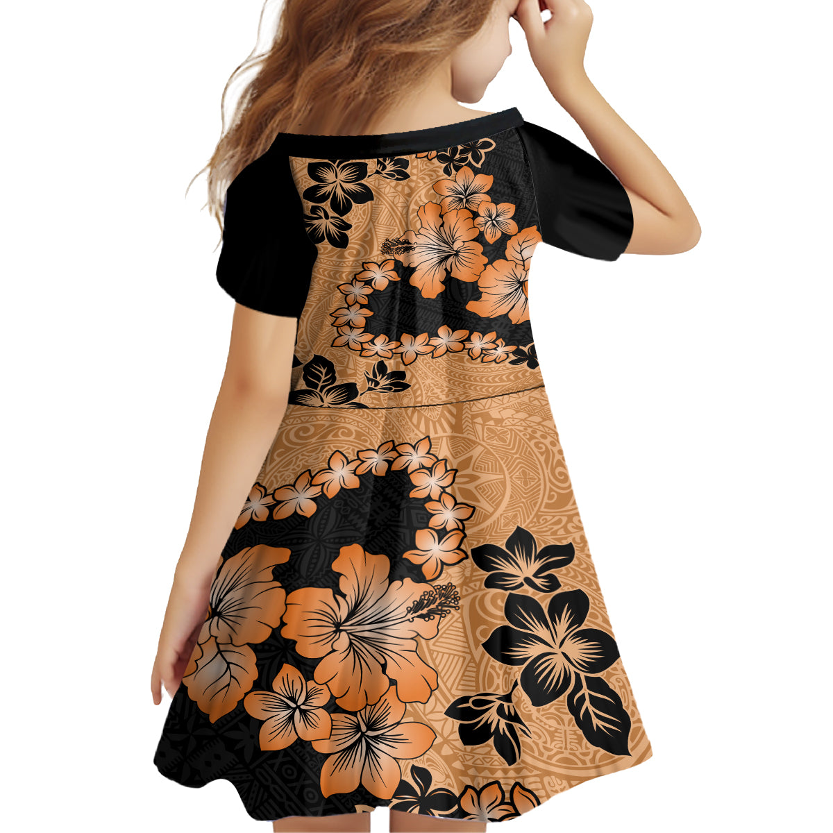 Orange Hawaii Kid Short Sleeve Dress Tapa Cloth Mix Tropical Flowers Pastel Vibes LT14 - Polynesian Pride