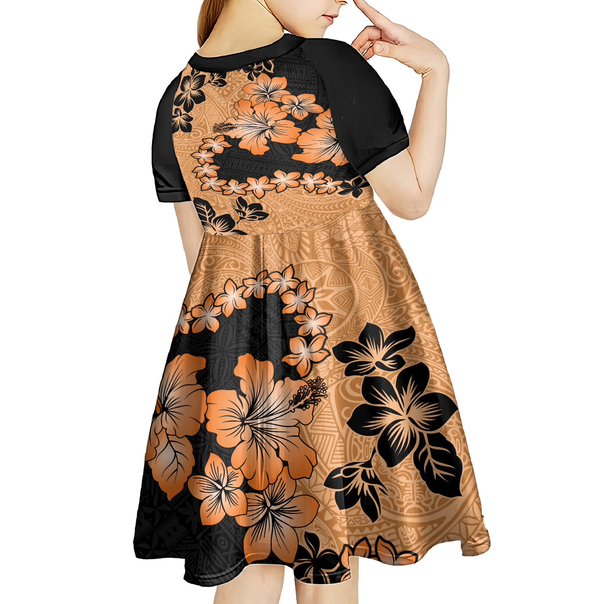 Orange Hawaii Kid Short Sleeve Dress Tapa Cloth Mix Tropical Flowers Pastel Vibes LT14 - Polynesian Pride