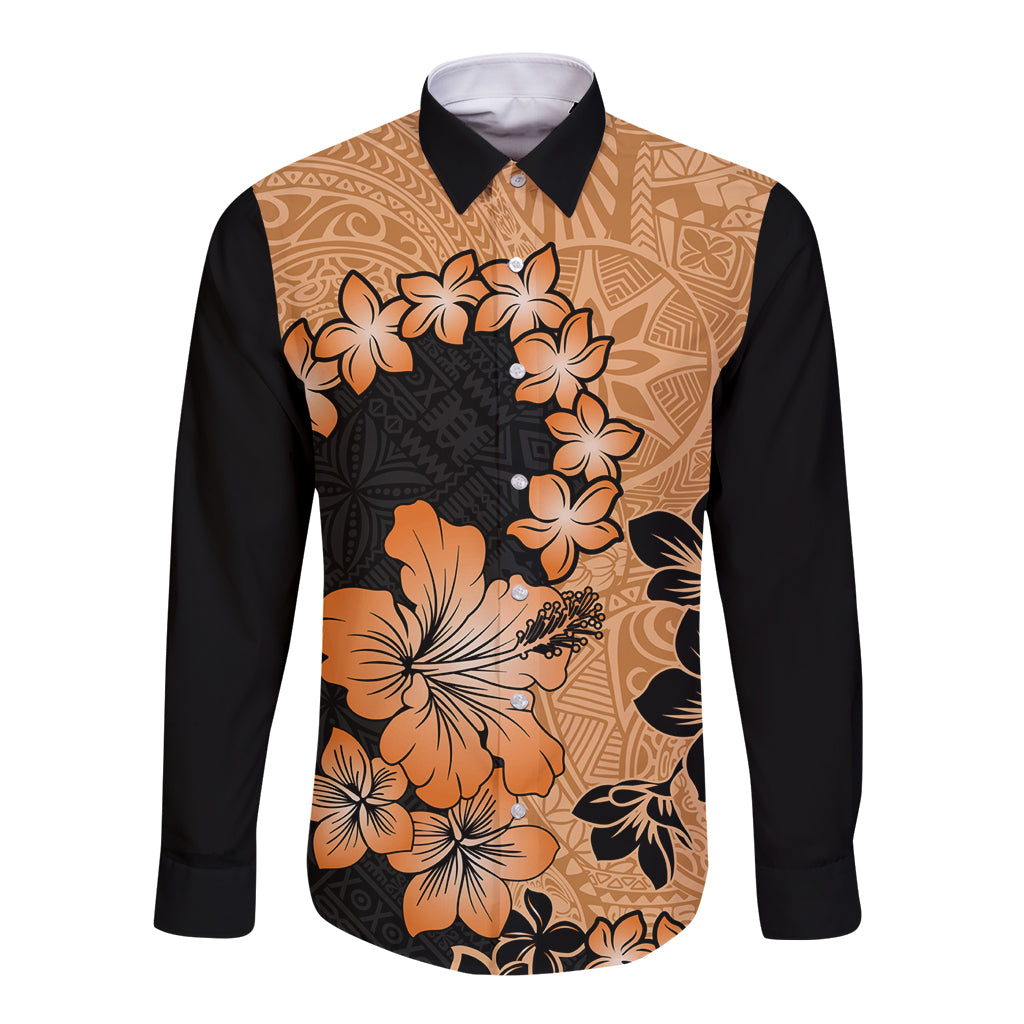 Orange Hawaii Long Sleeve Button Shirt Tapa Cloth Mix Tropical Flowers Pastel Vibes LT14 Unisex Orange - Polynesian Pride