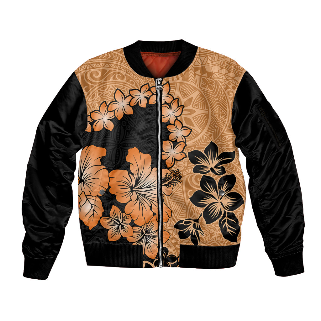 Orange Hawaii Sleeve Zip Bomber Jacket Tapa Cloth Mix Tropical Flowers Pastel Vibes LT14 Unisex Orange - Polynesian Pride
