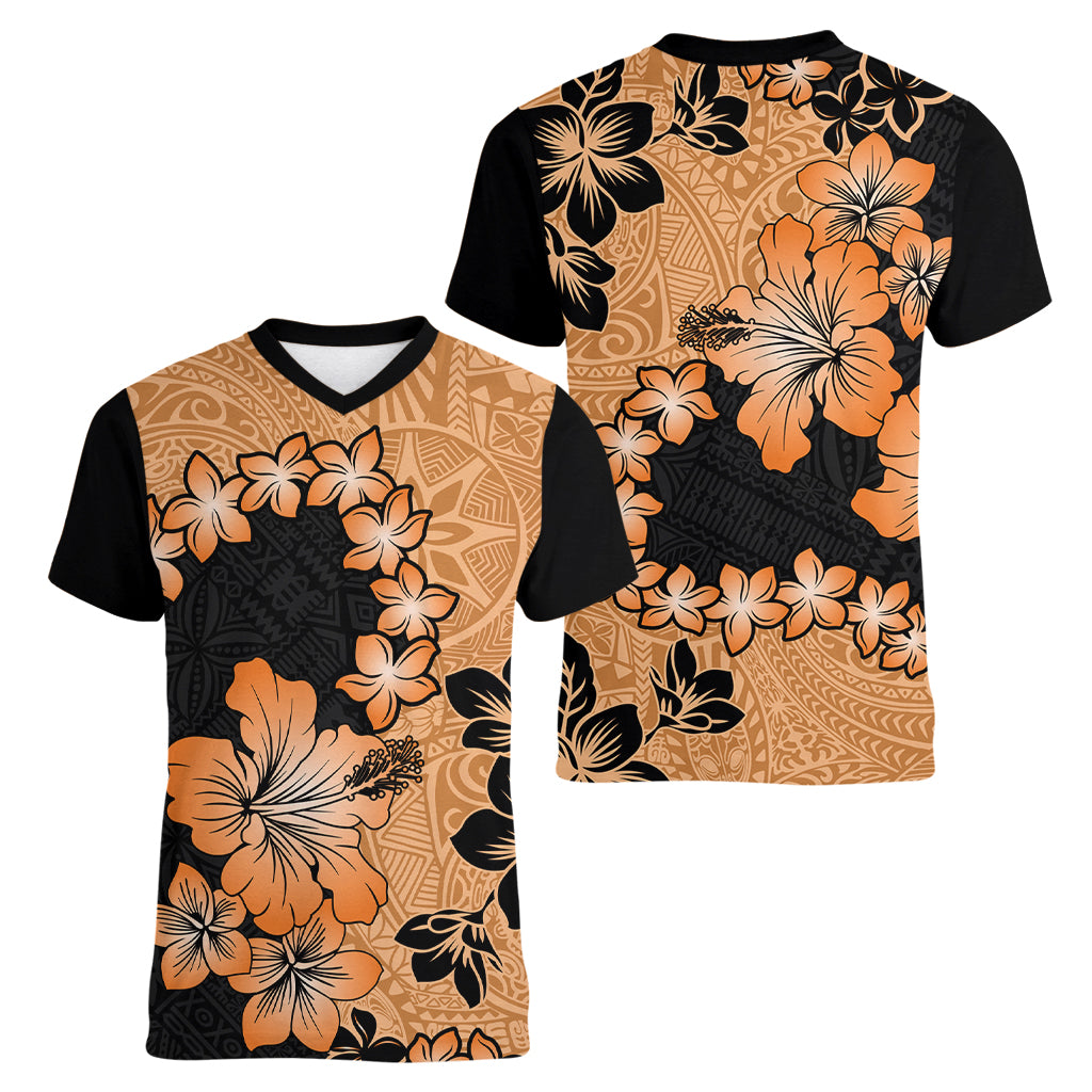 Orange Hawaii Women V Neck T Shirt Tapa Cloth Mix Tropical Flowers Pastel Vibes LT14 - Polynesian Pride