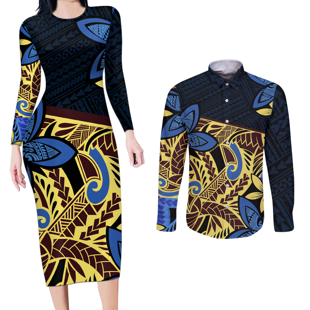 Polynesia Fabric Couples Matching Long Sleeve Bodycon Dress and Long Sleeve Button Shirt Polynesian Tribal With Frangipani Flowers LT14 Blue - Polynesian Pride