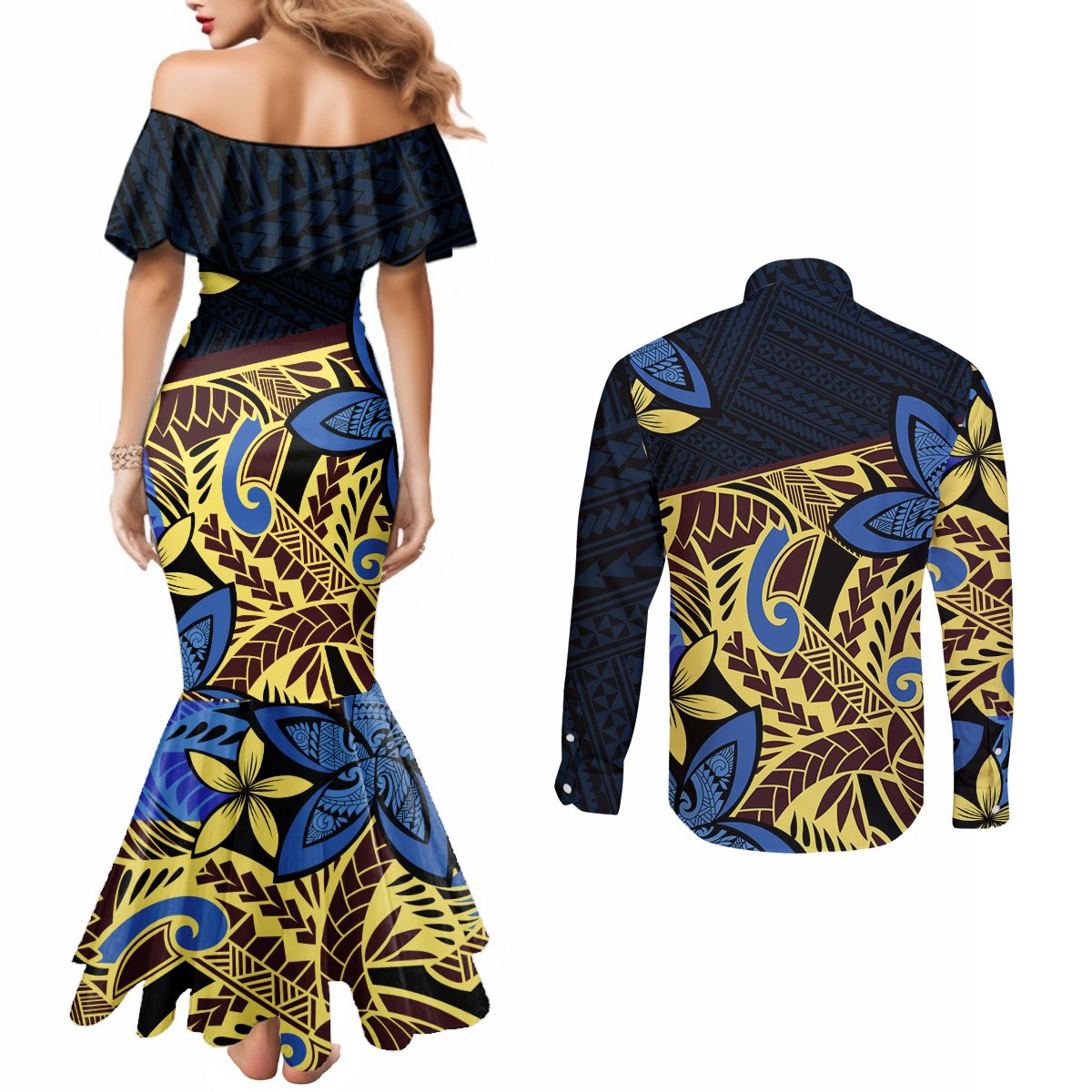 Polynesia Fabric Couples Matching Mermaid Dress and Long Sleeve Button Shirt Polynesian Tribal With Frangipani Flowers LT14 - Polynesian Pride