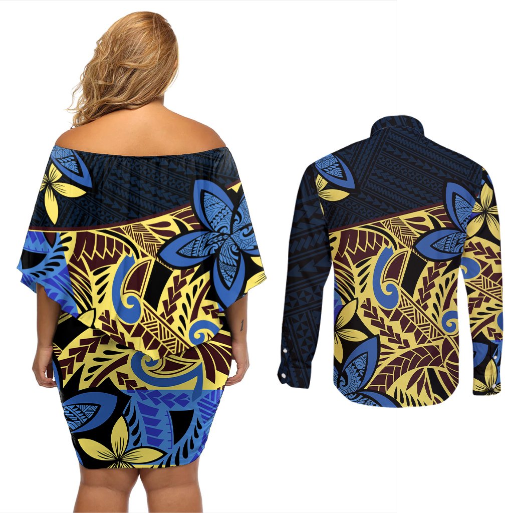 Polynesia Fabric Couples Matching Off Shoulder Short Dress and Long Sleeve Button Shirt Polynesian Tribal With Frangipani Flowers LT14 - Polynesian Pride