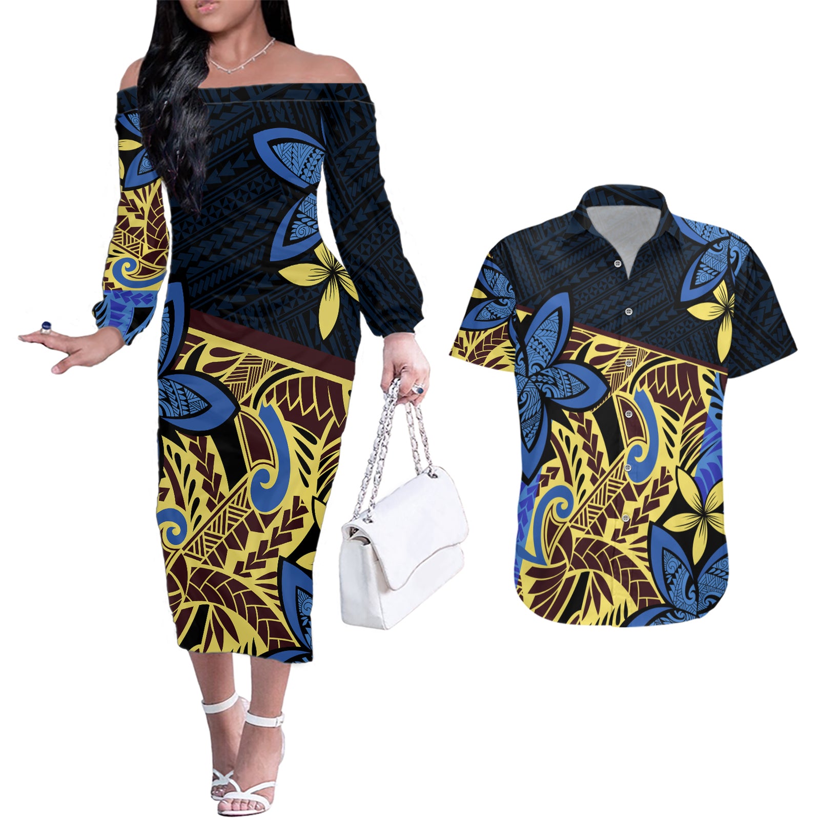 Polynesia Fabric Couples Matching Off The Shoulder Long Sleeve Dress and Hawaiian Shirt Polynesian Tribal With Frangipani Flowers LT14 Blue - Polynesian Pride