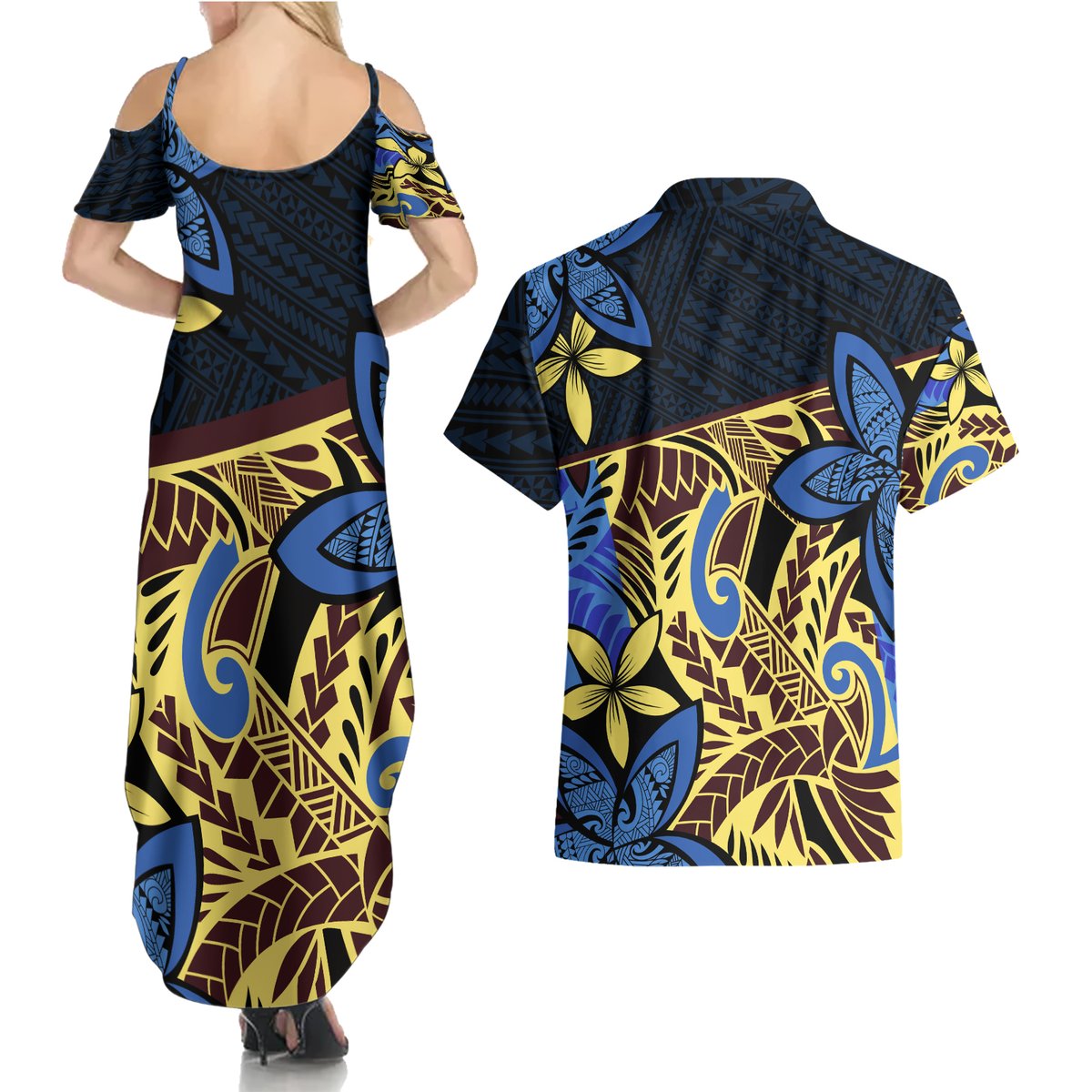 Polynesia Fabric Couples Matching Summer Maxi Dress and Hawaiian Shirt Polynesian Tribal With Frangipani Flowers LT14 - Polynesian Pride