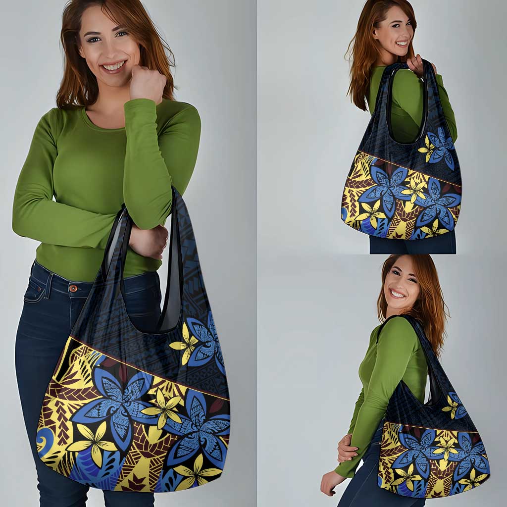 Polynesia Fabric Grocery Bag Polynesian Tribal With Frangipani Flowers