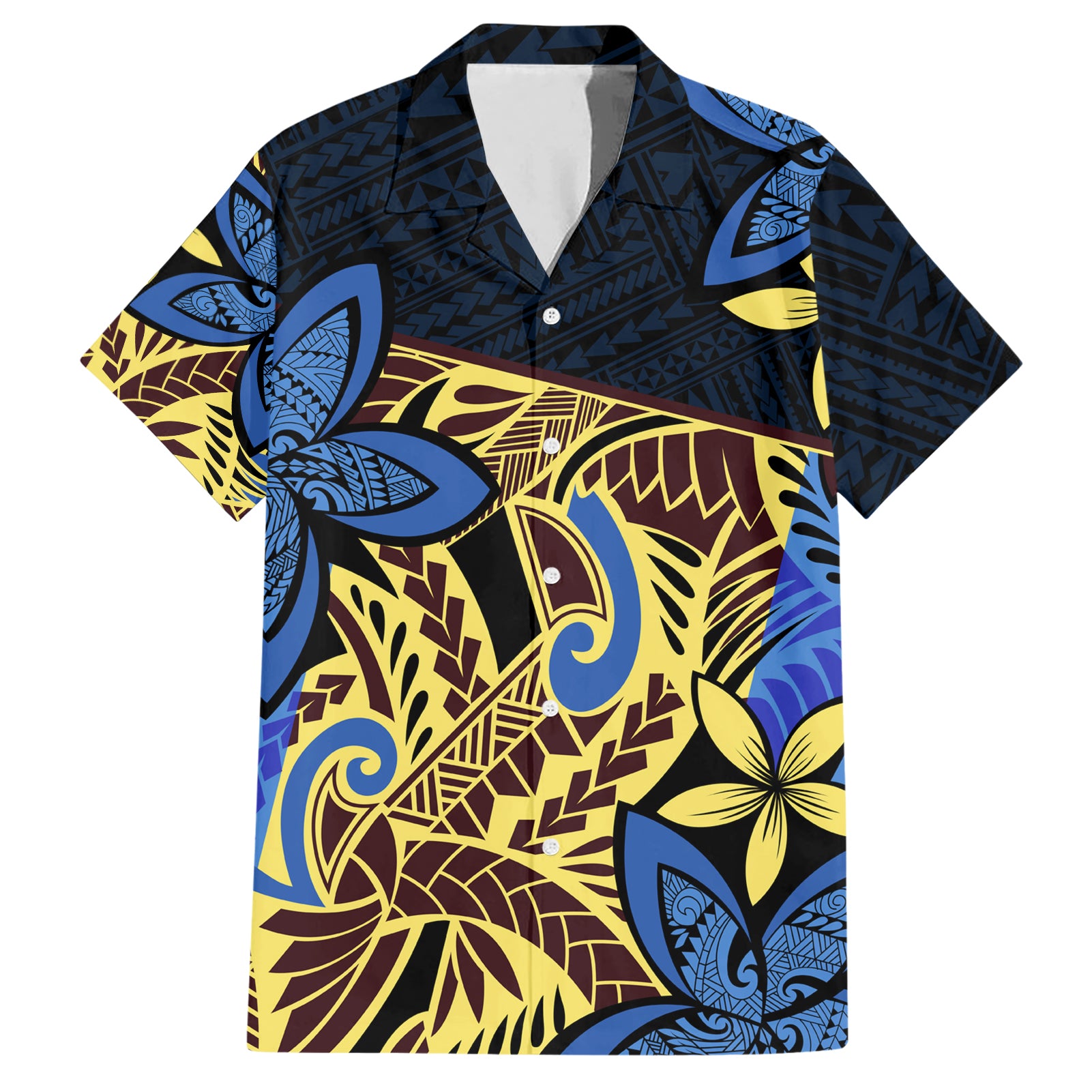 Polynesia Fabric Hawaiian Shirt Polynesian Tribal With Frangipani Flowers LT14 Blue - Polynesian Pride