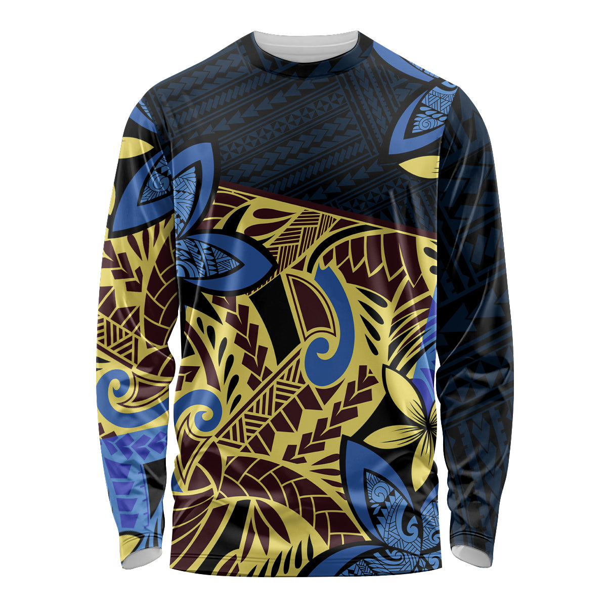 Polynesia Fabric Long Sleeve Shirt Polynesian Tribal With Frangipani Flowers LT14 Unisex Blue - Polynesian Pride