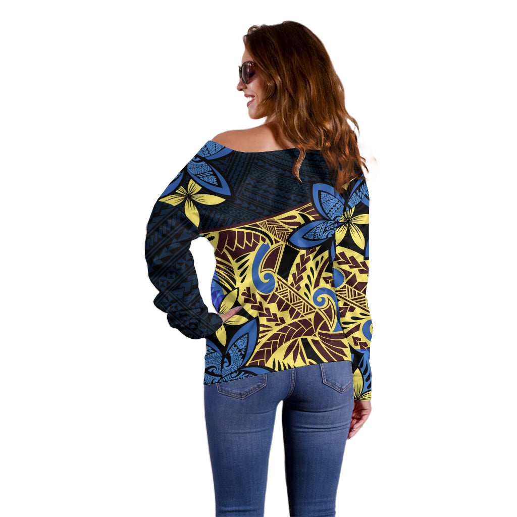 Polynesia Fabric Off Shoulder Sweater Polynesian Tribal With Frangipani Flowers LT14 - Polynesian Pride