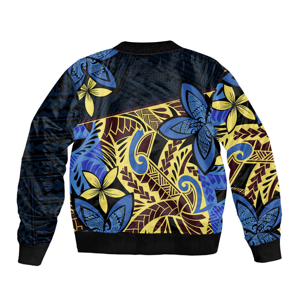 Polynesia Fabric Sleeve Zip Bomber Jacket Polynesian Tribal With Frangipani Flowers LT14 - Polynesian Pride