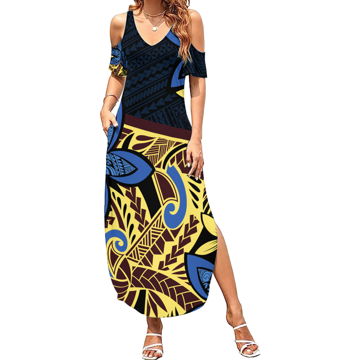 Polynesia Fabric Summer Maxi Dress Polynesian Tribal With Frangipani Flowers LT14 Women Blue - Polynesian Pride