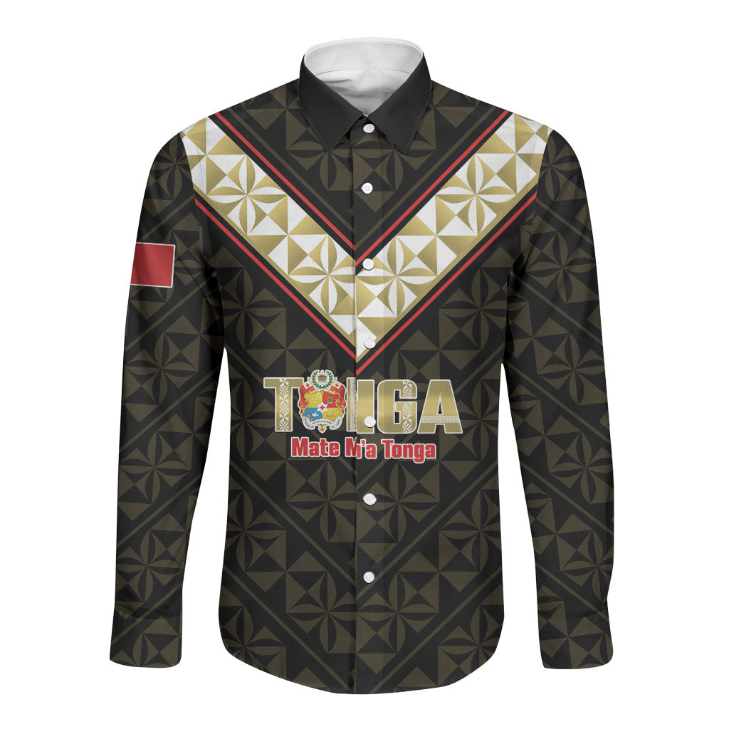 Mate Maa Tonga Rugby Custom Long Sleeve Button Shirt 2026 Tongan Ngatu Pattern Black LT14 Unisex Black - Polynesian Pride
