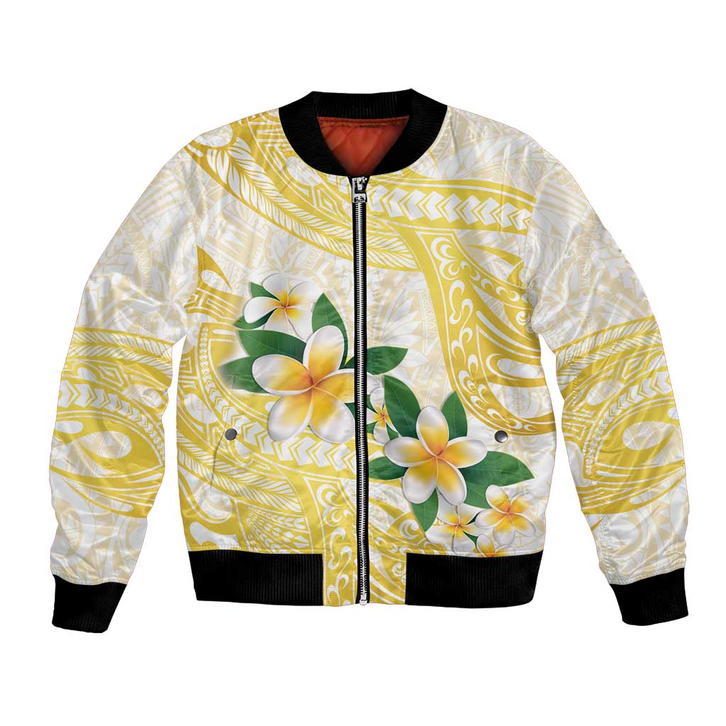 Gold And White Polynesia Plumeria Bomber Jacket Curves Tropical Vibes LT14 Unisex Gold - Polynesian Pride