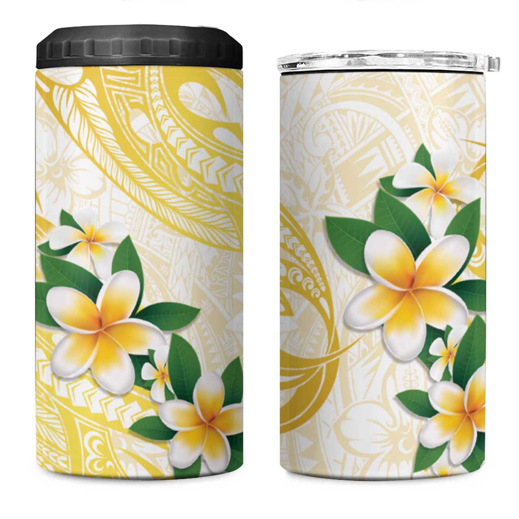 Gold And White Polynesia Plumeria 4 in 1 Can Cooler Tumbler Curves Tropical Vibes