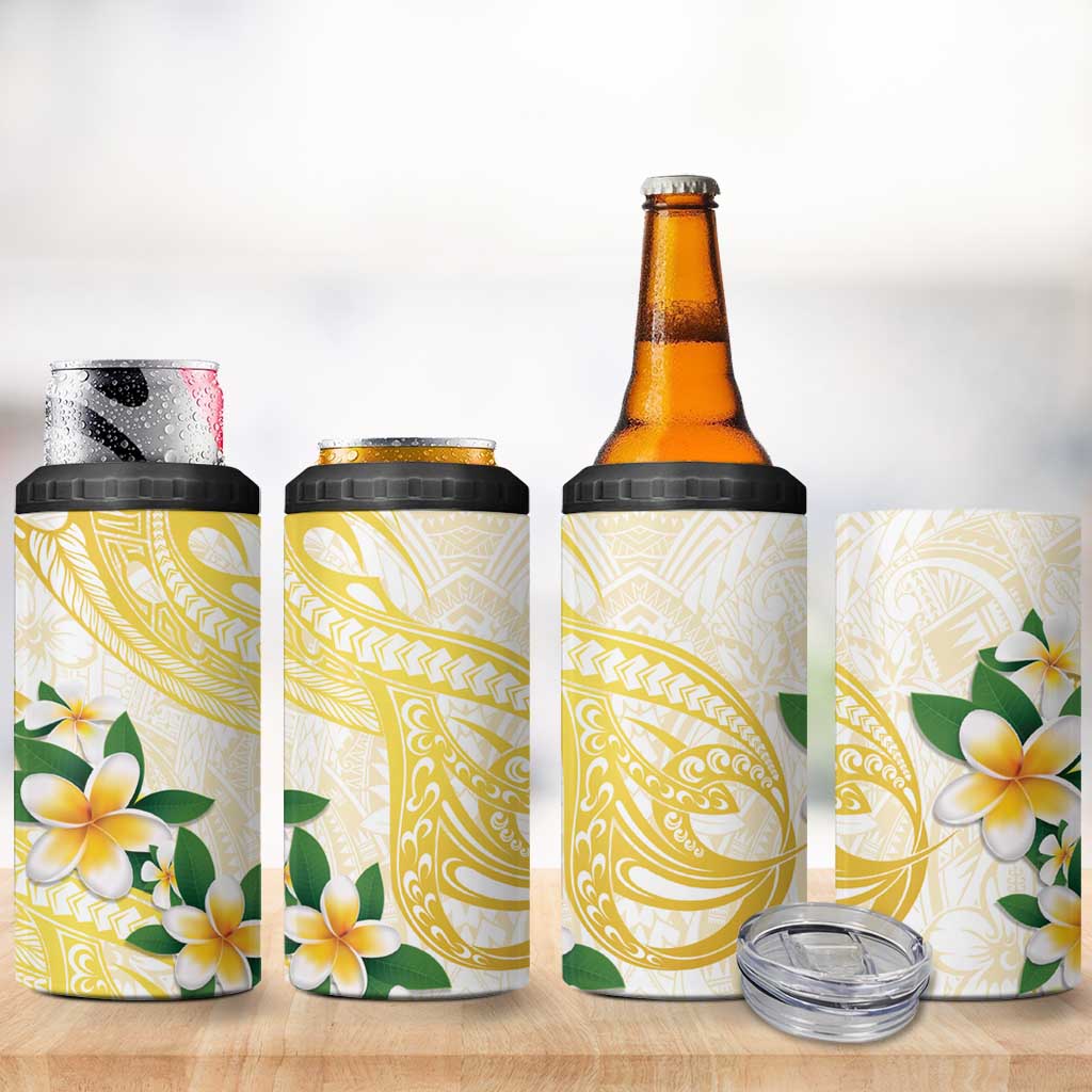 Gold And White Polynesia Plumeria 4 in 1 Can Cooler Tumbler Curves Tropical Vibes