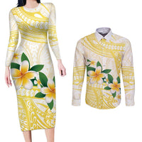 Gold And White Polynesia Plumeria Couples Matching Long Sleeve Bodycon Dress and Long Sleeve Button Shirt Curves Tropical Vibes