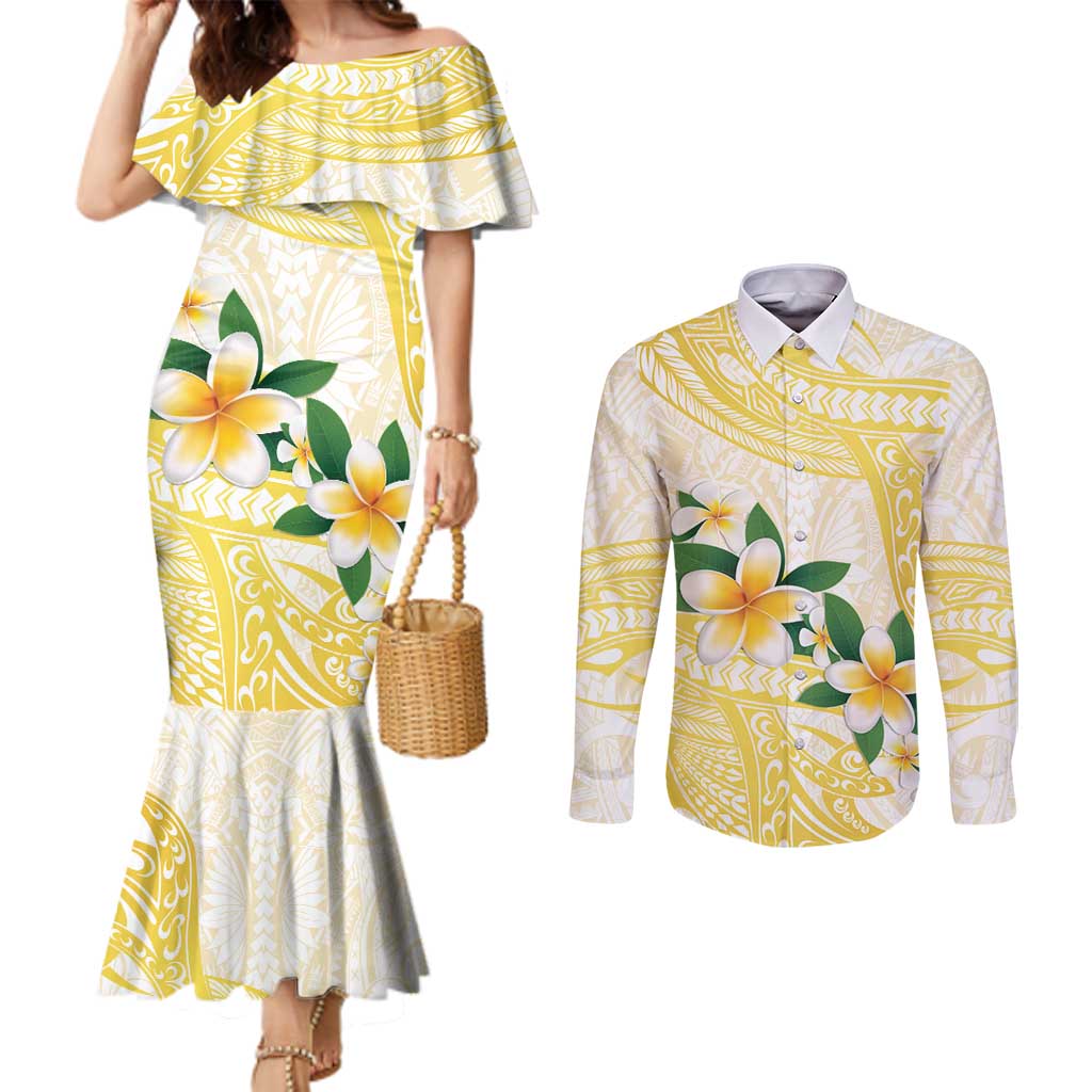 Gold And White Polynesia Plumeria Couples Matching Mermaid Dress and Long Sleeve Button Shirt Curves Tropical Vibes