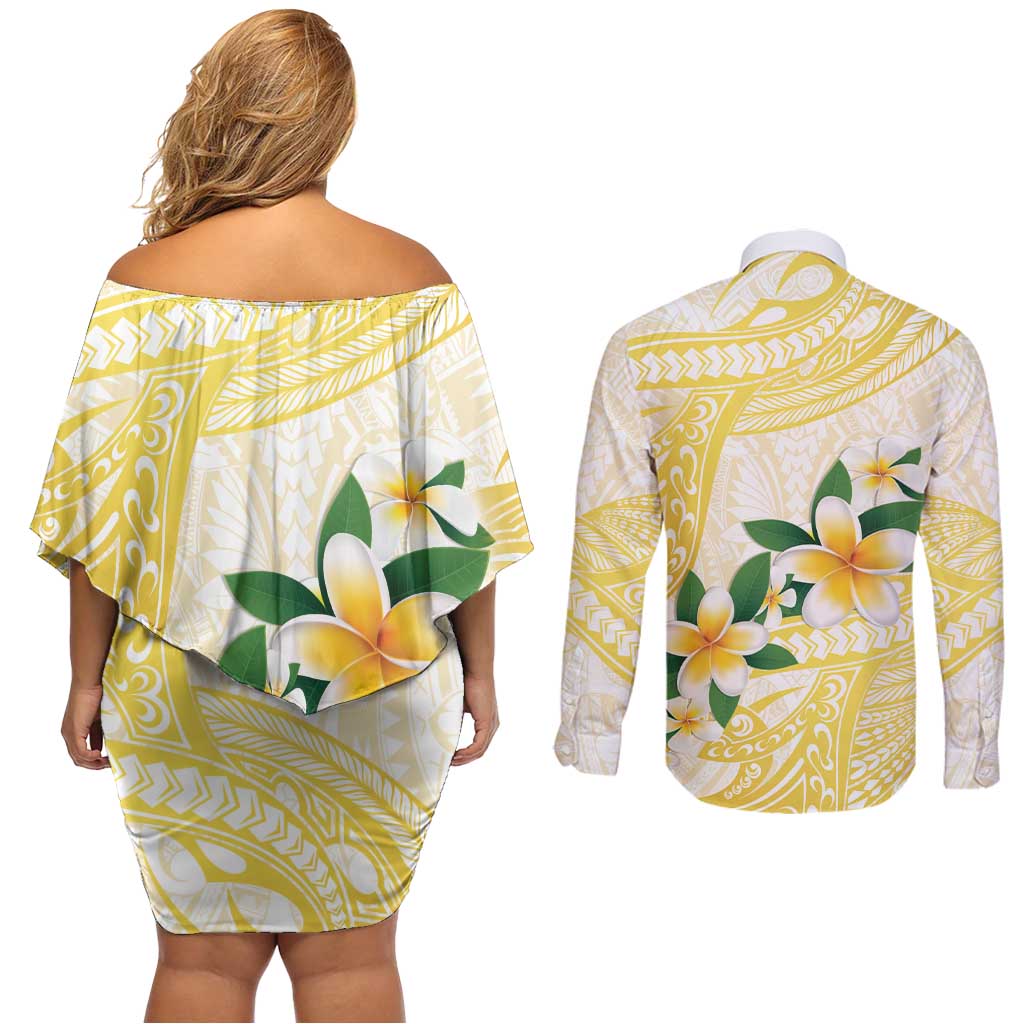 Gold And White Polynesia Plumeria Couples Matching Off Shoulder Short Dress and Long Sleeve Button Shirt Curves Tropical Vibes