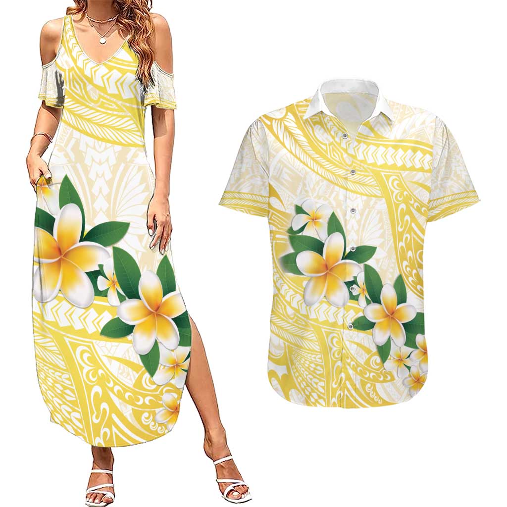 Gold And White Polynesia Plumeria Couples Matching Summer Maxi Dress and Hawaiian Shirt Curves Tropical Vibes