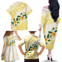 Gold And White Polynesia Plumeria Family Matching Off The Shoulder Long Sleeve Dress and Hawaiian Shirt Curves Tropical Vibes