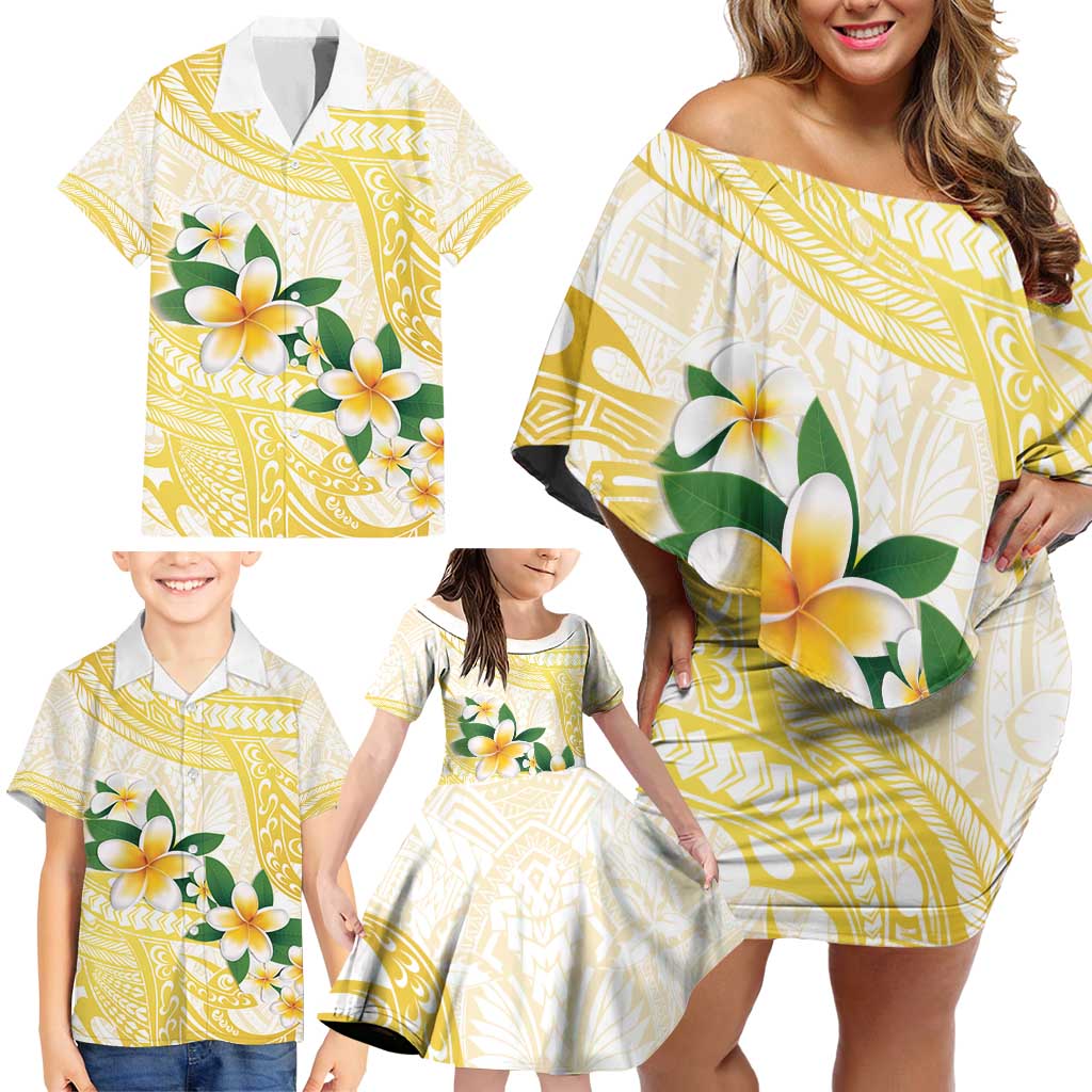 Gold And White Polynesia Plumeria Family Matching Off Shoulder Short Dress and Hawaiian Shirt Curves Tropical Vibes