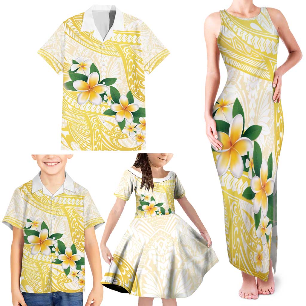 Gold And White Polynesia Plumeria Family Matching Tank Maxi Dress and Hawaiian Shirt Curves Tropical Vibes