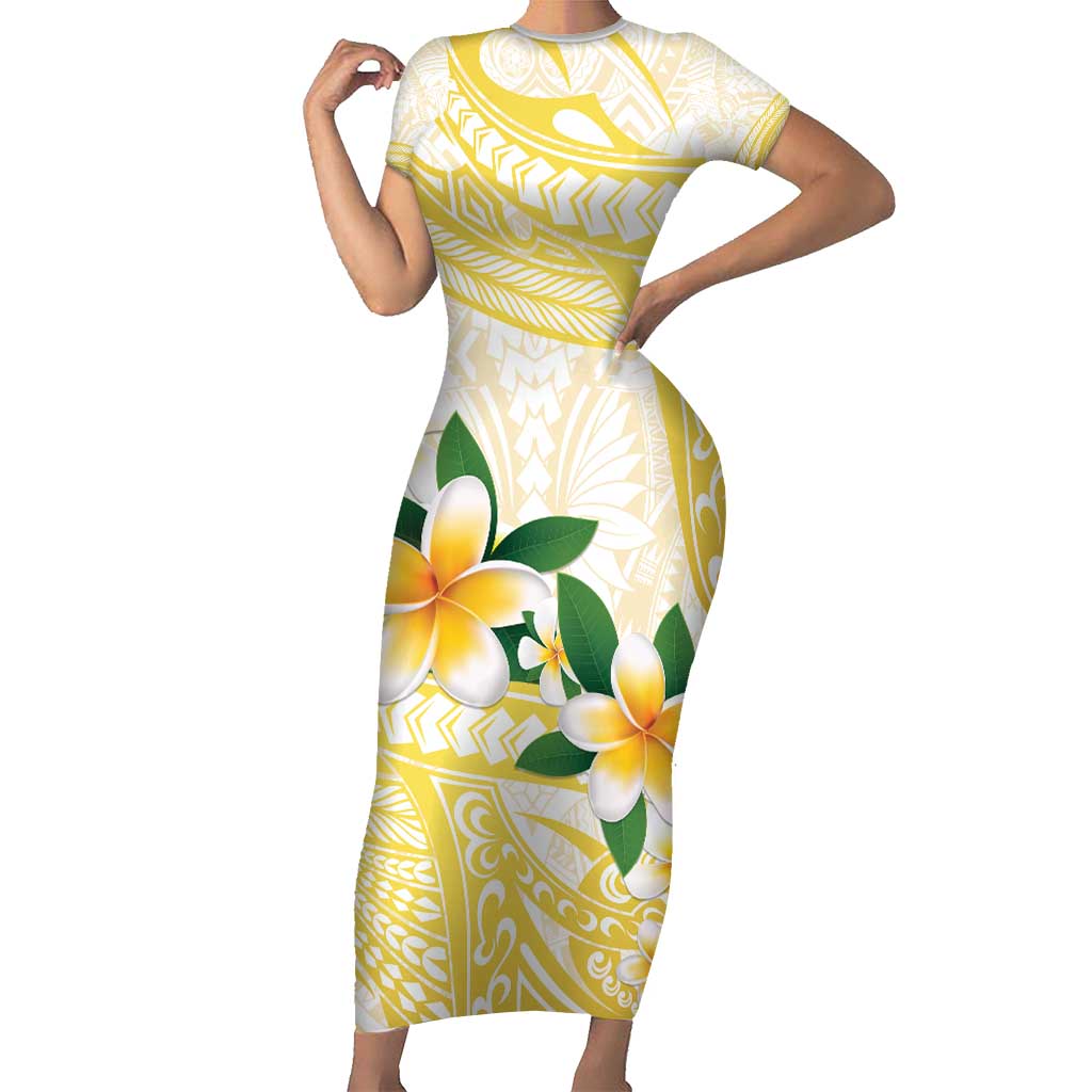 Gold And White Polynesia Plumeria Short Sleeve Bodycon Dress Curves Tropical Vibes