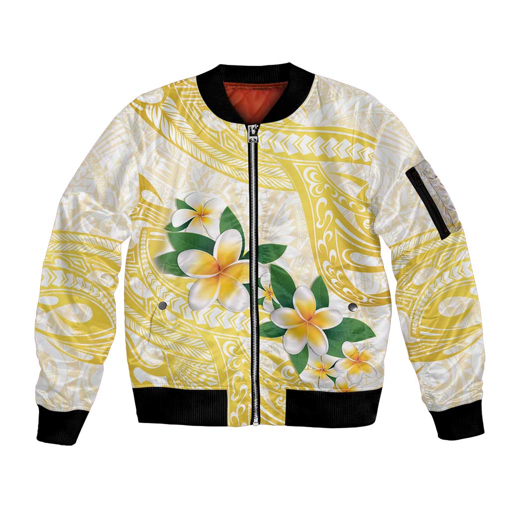 Gold And White Polynesia Plumeria Sleeve Zip Bomber Jacket Curves Tropical Vibes