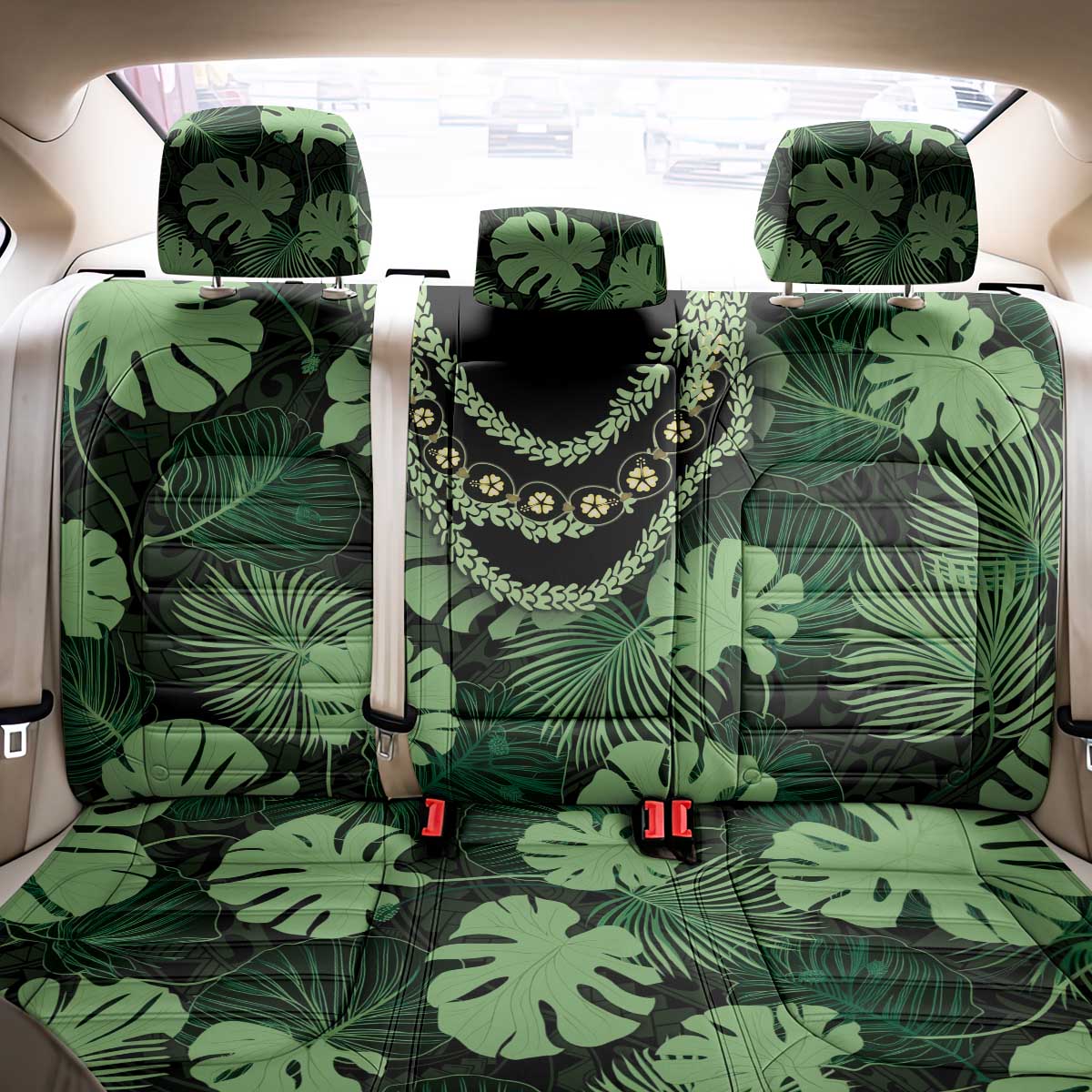 Green Hawaii Kukui Nut Lei Back Car Seat Cover Hawaiian Pattern Monstera Tropical Vibes - Polynesian Pride