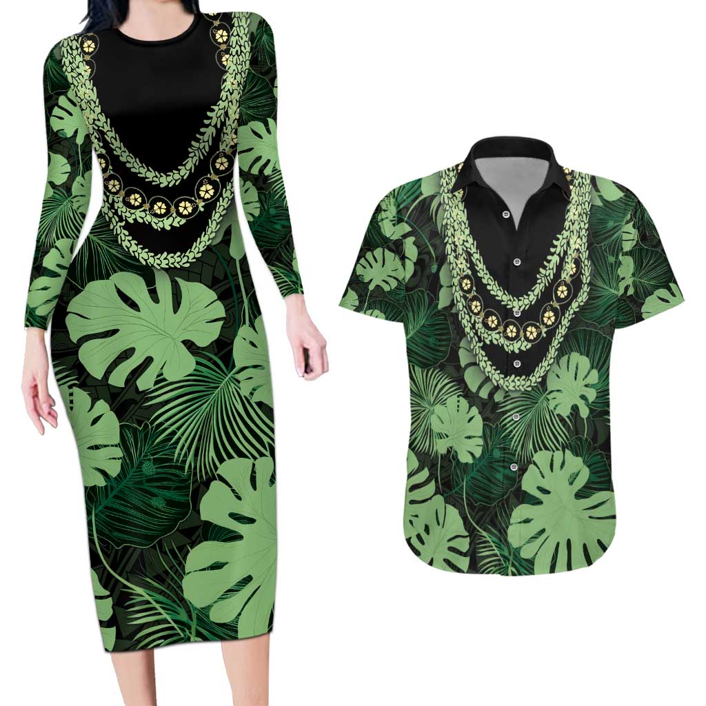 Green Hawaii Kukui Nut Lei Couples Matching Long Sleeve Bodycon Dress and Hawaiian Shirt Hawaiian Pattern Monstera Tropical Vibes - Polynesian Pride