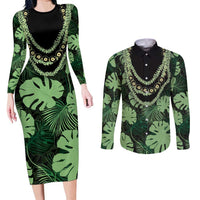 Green Hawaii Kukui Nut Lei Couples Matching Long Sleeve Bodycon Dress and Long Sleeve Button Shirt Hawaiian Pattern Monstera Tropical Vibes - Polynesian Pride