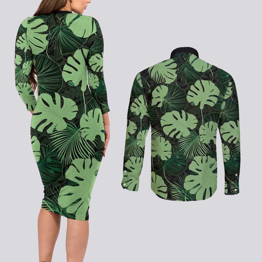 Green Hawaii Kukui Nut Lei Couples Matching Long Sleeve Bodycon Dress and Long Sleeve Button Shirt Hawaiian Pattern Monstera Tropical Vibes - Polynesian Pride