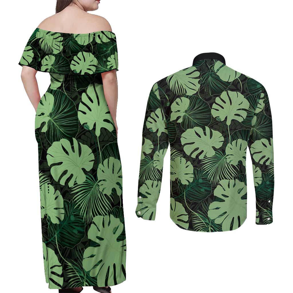 Green Hawaii Kukui Nut Lei Couples Matching Off Shoulder Maxi Dress and Long Sleeve Button Shirt Hawaiian Pattern Monstera Tropical Vibes - Polynesian Pride