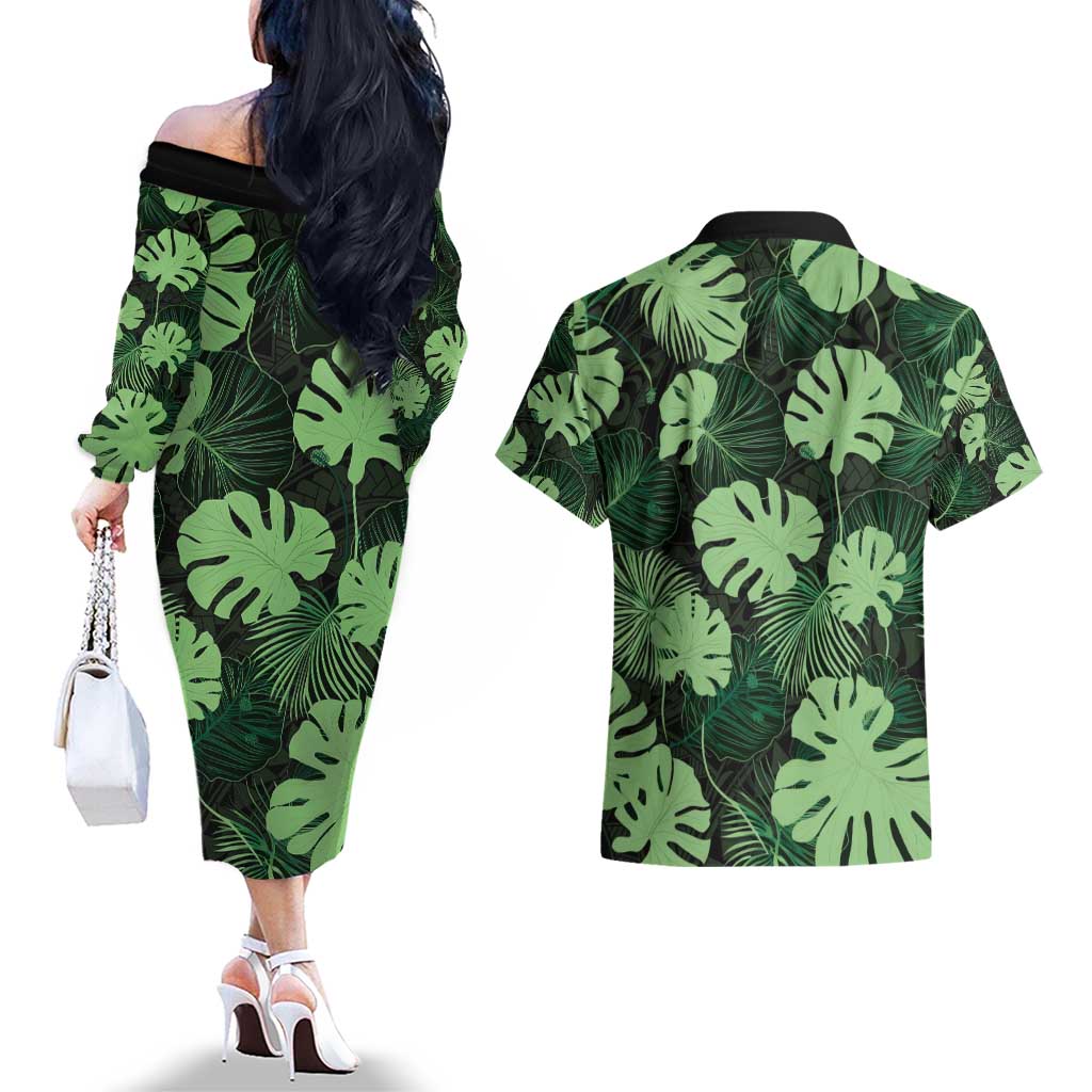 Green Hawaii Kukui Nut Lei Couples Matching Off The Shoulder Long Sleeve Dress and Hawaiian Shirt Hawaiian Pattern Monstera Tropical Vibes - Polynesian Pride