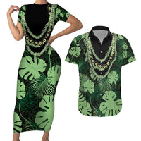 Green Hawaii Kukui Nut Lei Couples Matching Short Sleeve Bodycon Dress and Hawaiian Shirt Hawaiian Pattern Monstera Tropical Vibes - Polynesian Pride