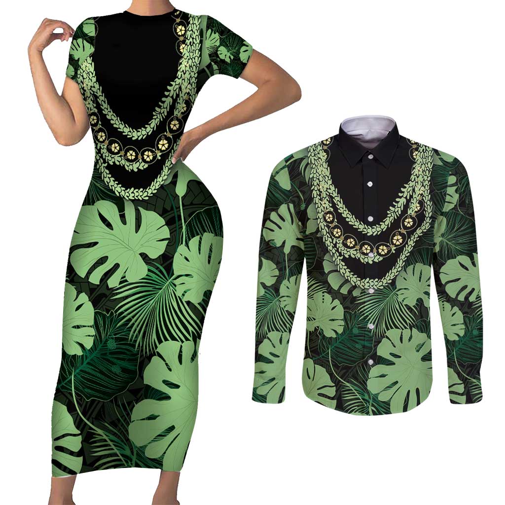 Green Hawaii Kukui Nut Lei Couples Matching Short Sleeve Bodycon Dress and Long Sleeve Button Shirt Hawaiian Pattern Monstera Tropical Vibes - Polynesian Pride