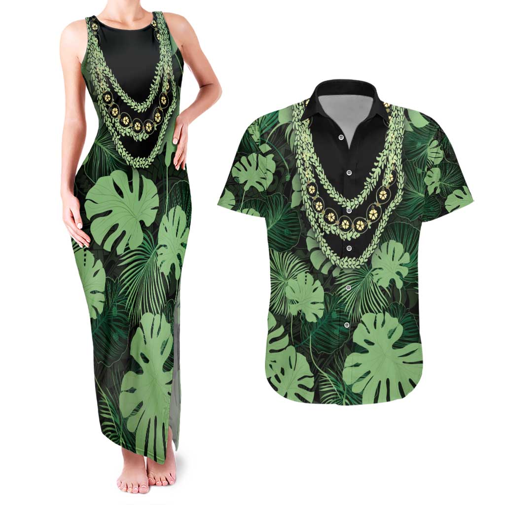 Green Hawaii Kukui Nut Lei Couples Matching Tank Maxi Dress and Hawaiian Shirt Hawaiian Pattern Monstera Tropical Vibes - Polynesian Pride