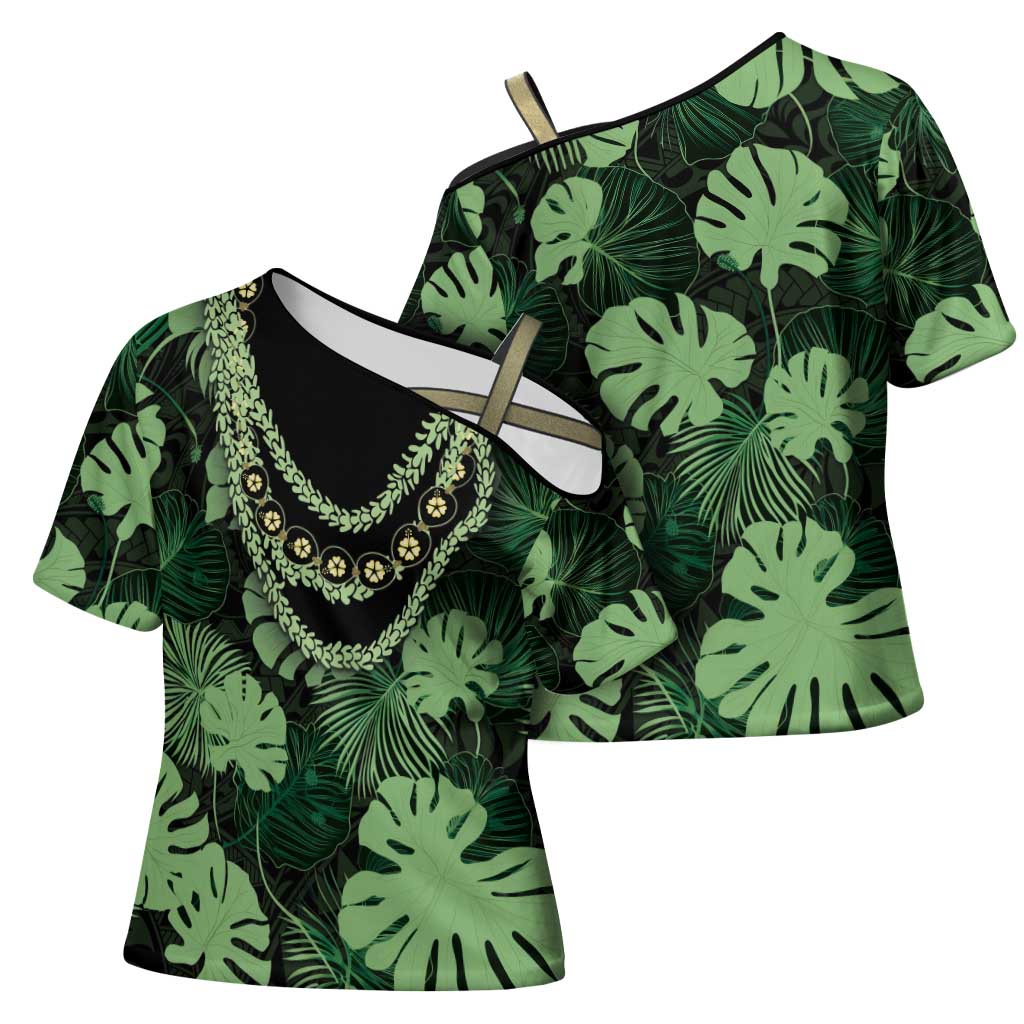 Green Hawaii Kukui Nut Lei Cross Shoulder Shirt Hawaiian Pattern Monstera Tropical Vibes - Polynesian Pride