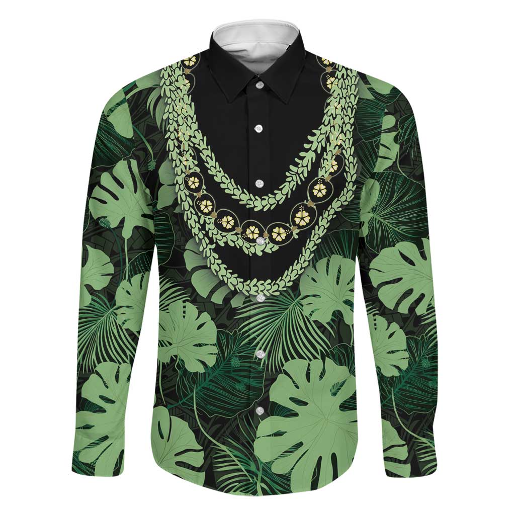 Green Hawaii Kukui Nut Lei Family Matching Off The Shoulder Long Sleeve Dress and Hawaiian Shirt Hawaiian Pattern Monstera Tropical Vibes LT14 Dad's Shirt - Long Sleeve Green - Polynesian Pride
