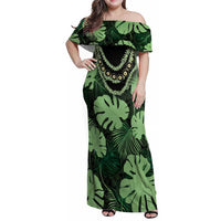 Green Hawaii Kukui Nut Lei Family Matching Off Shoulder Maxi Dress and Hawaiian Shirt Hawaiian Pattern Monstera Tropical Vibes LT14 Mom's Dress Green - Polynesian Pride