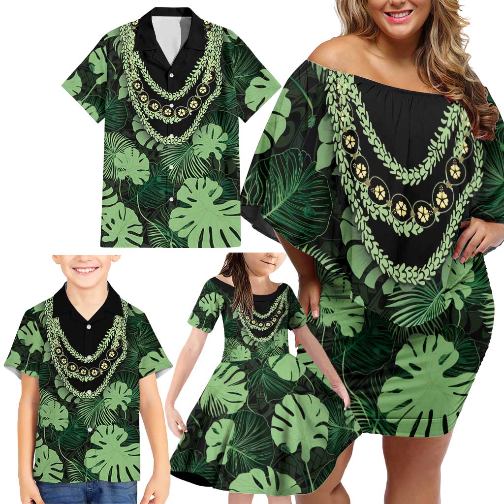 Green Hawaii Kukui Nut Lei Family Matching Off Shoulder Short Dress and Hawaiian Shirt Hawaiian Pattern Monstera Tropical Vibes LT14 - Polynesian Pride