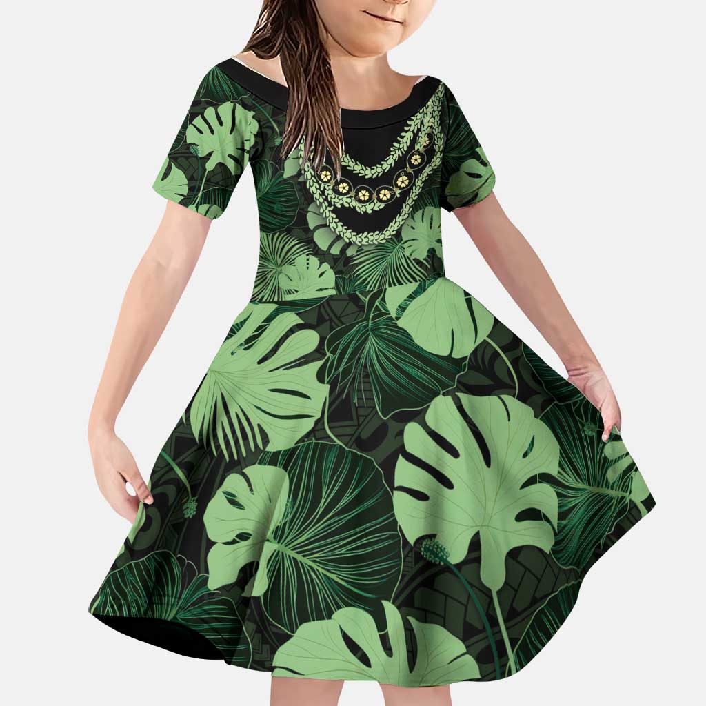 Green Hawaii Kukui Nut Lei Family Matching Short Sleeve Bodycon Dress and Hawaiian Shirt Hawaiian Pattern Monstera Tropical Vibes LT14 Daughter's Dress Green - Polynesian Pride