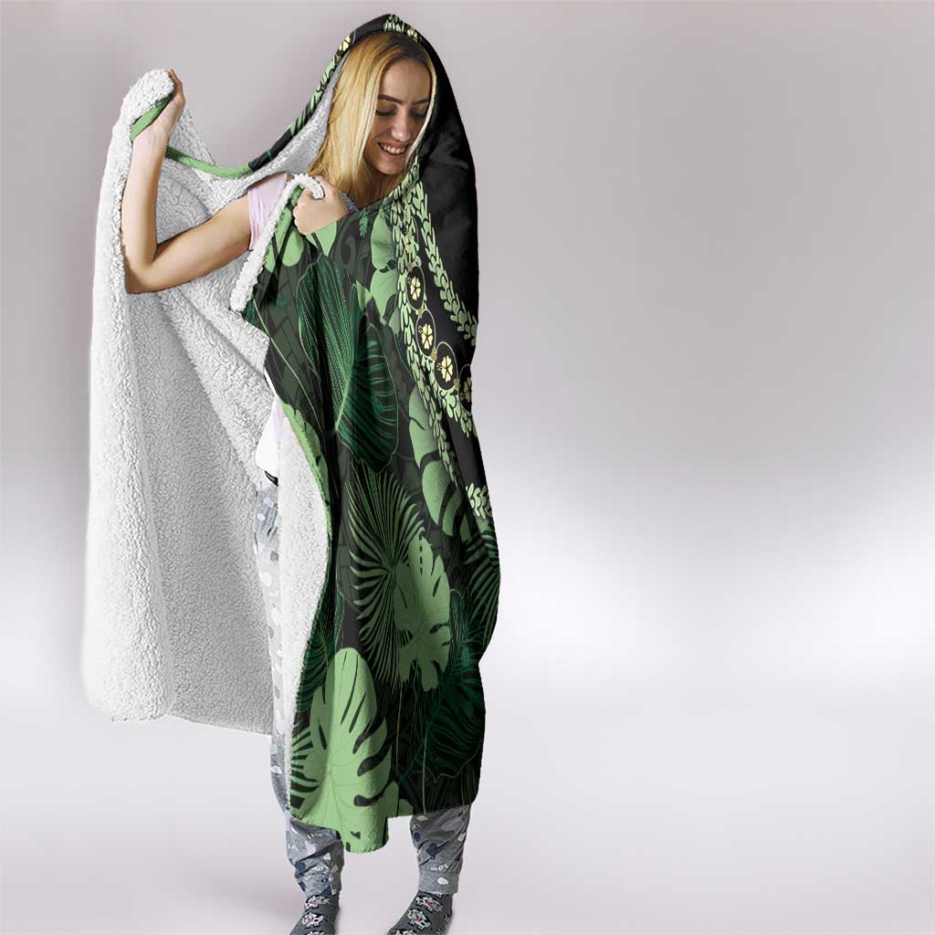 Green Hawaii Kukui Nut Lei Hooded Blanket Hawaiian Pattern Monstera Tropical Vibes - Polynesian Pride